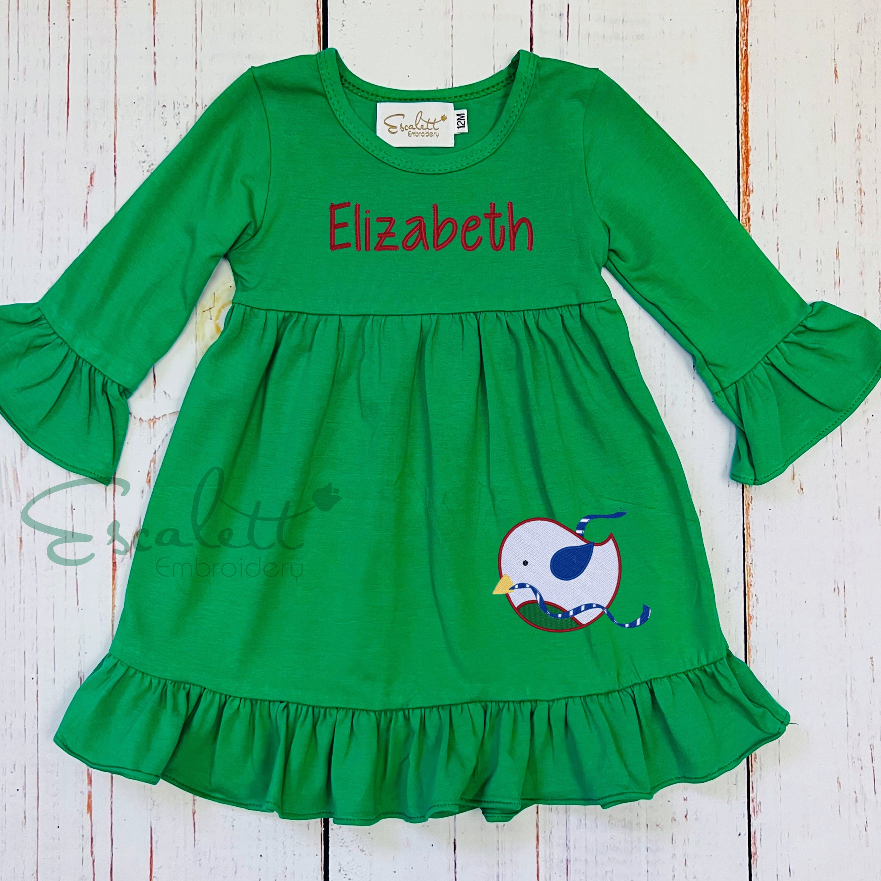 Personalized Green Girl's Dress: Embroidered Bird, Monogrammed Holiday Outfit