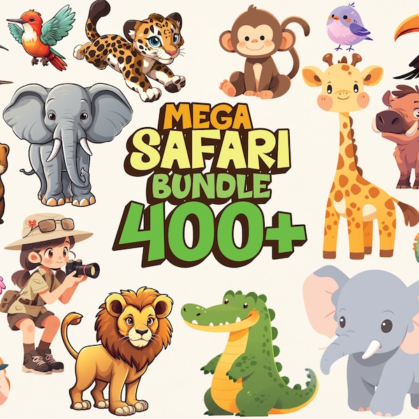 400+ Mega Safari Bundle, Safari animals watercolor clipart,  Elephant, Hippo, Lion, Tiger, Giraffe, Safari animals Png, cute animals png