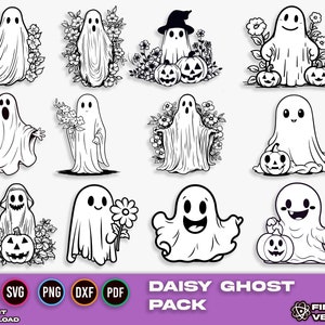 Daisy ghost bundle svg, Spooky season svg, Floral ghost outline svg, Cute ghost clipart, Halloween shirt svg, Stay spooky svg, Boo svg