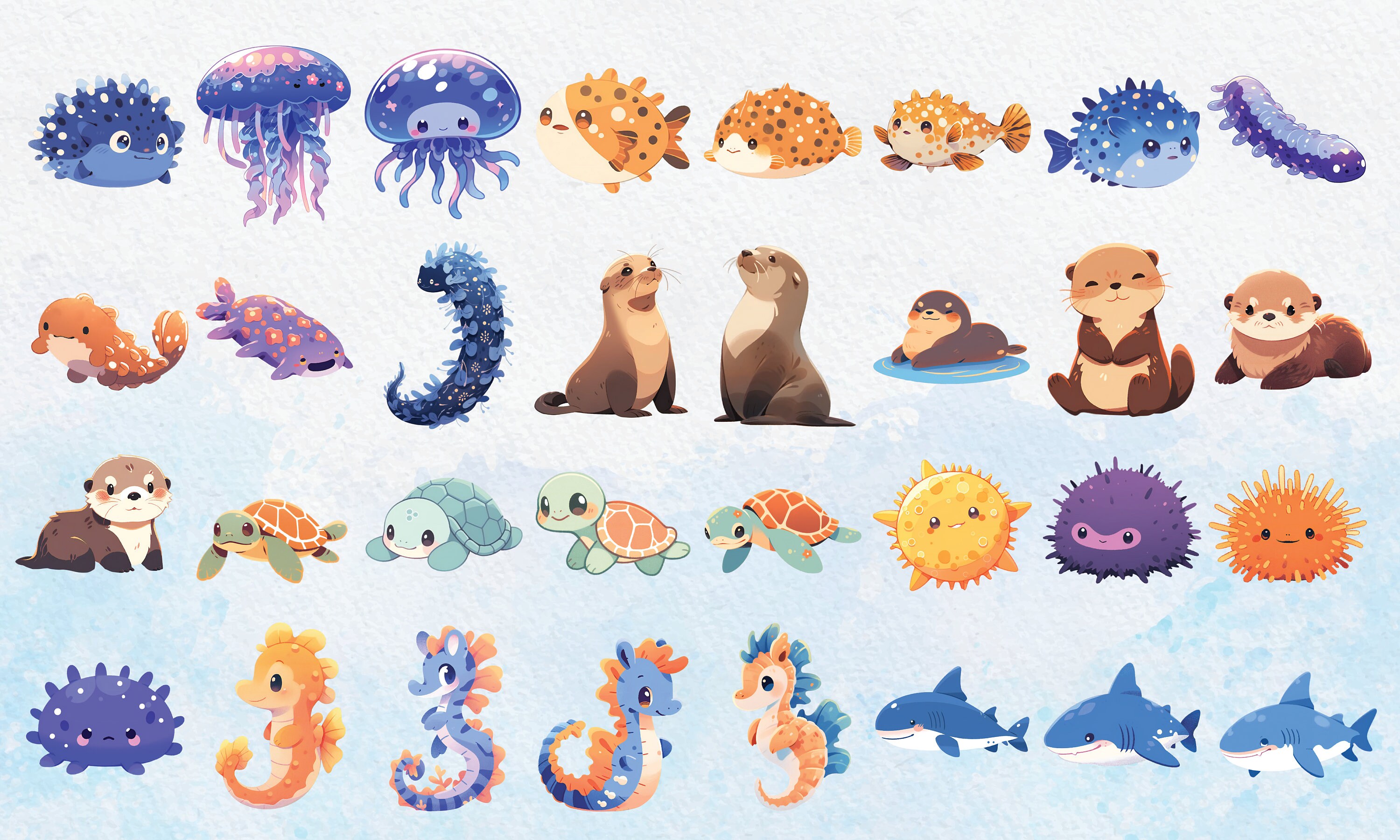 150+ Chibi Under the Sea Animals Watercolor Clip Art Bundle | Sea ...