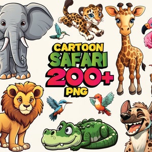 200+ Cartoon Safari Bundle, Safari animals watercolor clipart,  Elephant, Hippo, Lion, Tiger, Giraffe, Safari animals Png, Baby shower svg