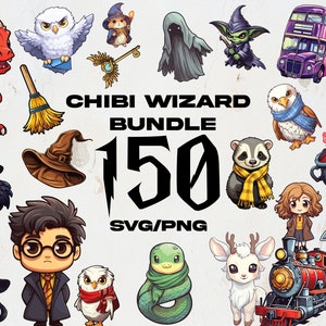 Chibi Wizard School Clipart schattige heks illustratie Sticker Gebruik Kawaii Wizarding School PNG magische bundel film SVG Magic School 150 SVG