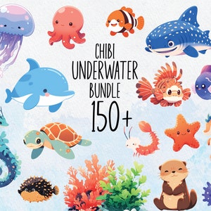 150+ Chibi Unterwasser Tiere Aquarell Clip Art Bundle | Meerestiere Clipart png | Sea Life, Sofortiger Download Bilder | Kommerzielle Nutzung