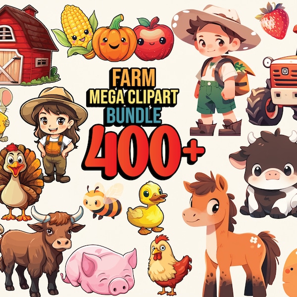 400+ Mega Farm Bundle, Farm Clipart, Farmyard Clipart Cute Farm Animals Clipart Sheep Chicken Cow Farm Horse Barn Clipart I Commercial Use