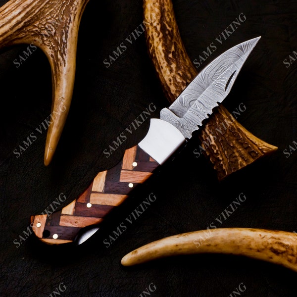 Personalized Gift Handmade Copper Damascus Pocket Folding Knife Hand Forged Blade Rose & Olive Wood Handle Anniversary Gift Groomsman Gift