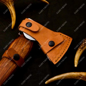 Handmade Damascus Hatchet Axe: Rosewood Handle, Leather Sheath