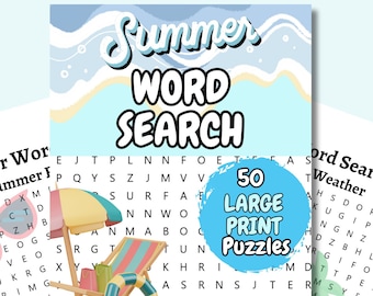 Op de afbeelding: Een Summer Word Search puzzelboek-omslag met een strandscène, een houten ligstoel, een kleurrijke parasol en een zwemband. De tekst luidt Summer Word Search en 50 Large Print Puzzles. Daaronder staan woordenlijsten met onder andere Sun, Sand en Beach.