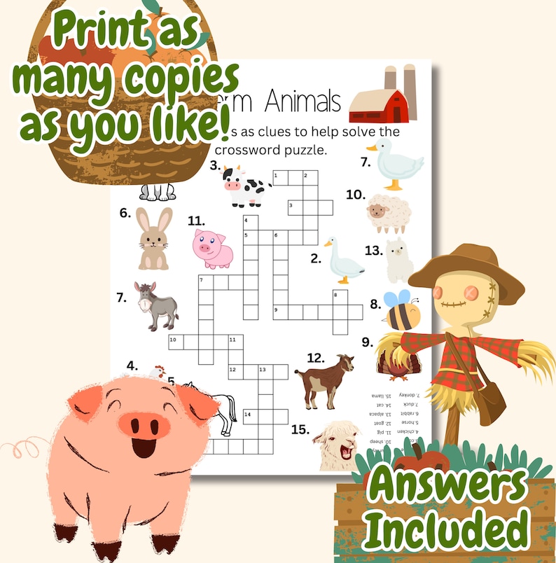 Farm Animal Crossword Puzzle Activity for Kids Printable Learning Page for Toddler Answers Farm Animal Crossword Puzzle Activity for Kids Printable Learning Page for Toddler Answers