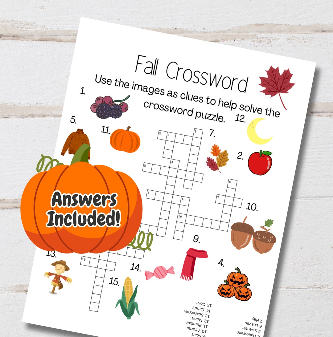Fall Themed Crossword Puzzle Activity Autumn Printable Worksheet Fall