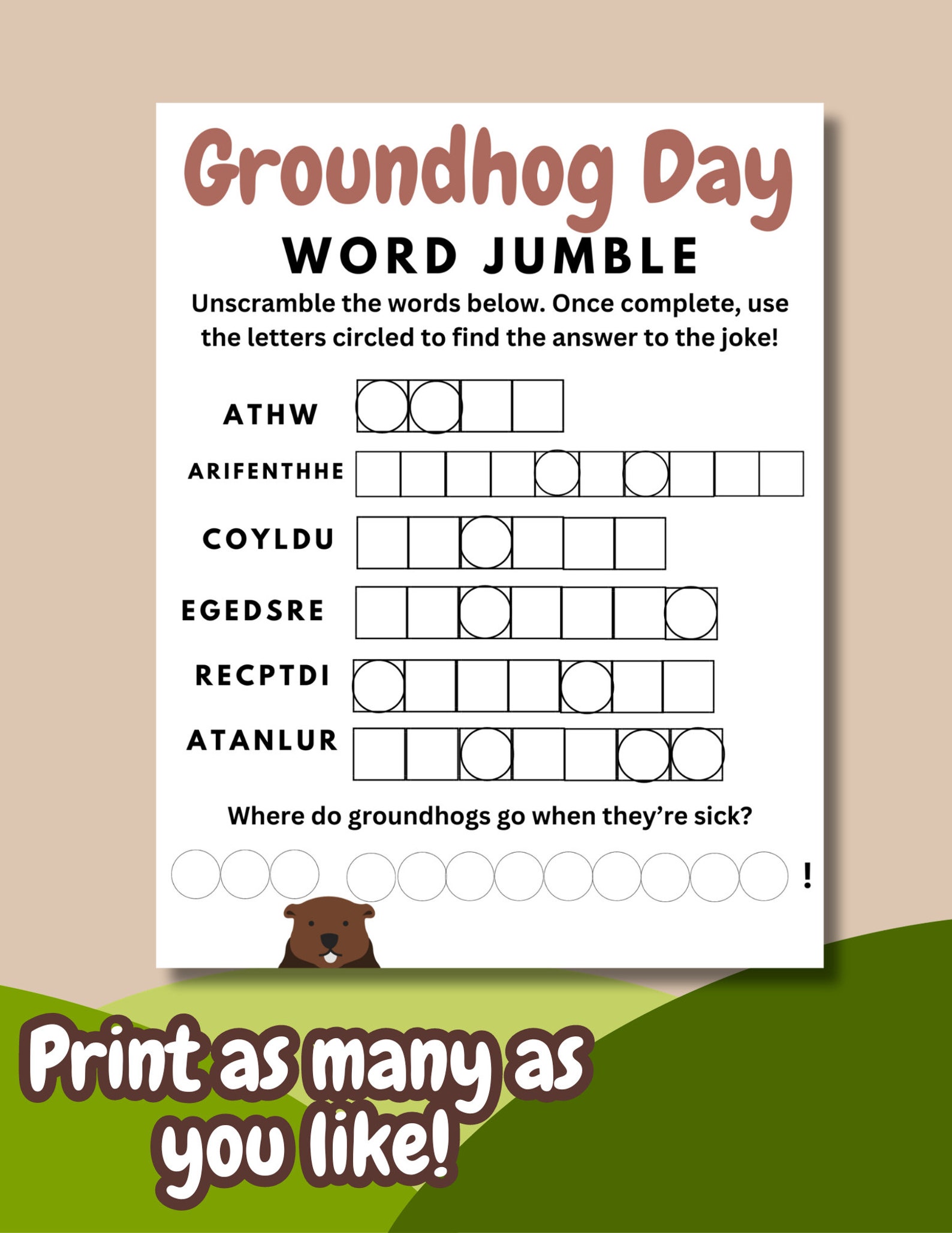 Word Jumble Printable Puzzle Booklet, Groundhog Day Word Scramble Game ...