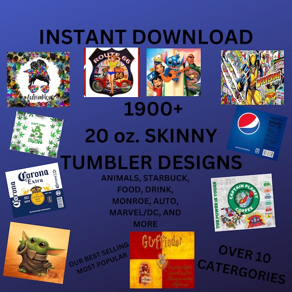 1900+ 20 OZ Skinny Tumbler Starter Pack!!! Food, Drink, Cars, Animals, Autism and more. very easy to navigate!!