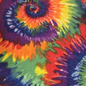May include: A colorful tie-dye fabric with a swirling pattern in shades of blue, purple, orange, yellow, and green.