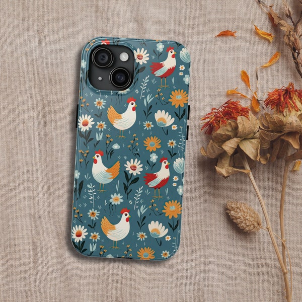 Whimsical Floral Chicken iPhone Case Gift for Hobby Farmers, Chicken Lover Phone Case, iPhone Case 15 14 13 12 11 X XR XS 8 7 SE