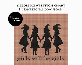 Girls Will Be Girls Needlepoint or Cross Stitch Pattern - Witchy Silhouette Design (Instant Download)