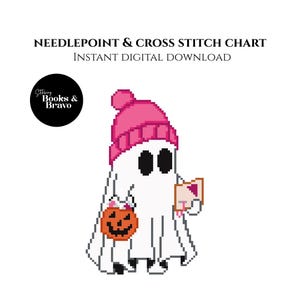 May include: A digital cross stitch chart featuring a pixelated ghost wearing a pink beanie and holding a pumpkin bucket and a book. The image includes the text "NEEDLEPOINT & CROSS STITCH CHART" and "INSTANT DIGITAL DOWNLOAD". A black circle with the text "Books & Bravo" is also present.