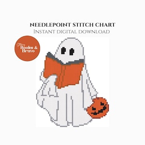 May include: A digital needlepoint stitch chart featuring a pixelated ghost reading a book with an orange cover and holding a jack-o'-lantern. The image includes the text "NEEDLEPOINT STITCH CHART INSTANT DIGITAL DOWNLOAD" and a logo.