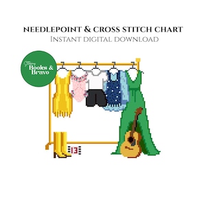 Könnte beinhalten: Eine digitale Download-Grafik mit dem Text "NEEDLEPOINT & CROSS STITCH CHART" und "INSTANT DIGITAL DOWNLOAD". Das Bild zeigt Pixelkunst von Kleidung, die auf einem Ständer hängt, eine Gitarre und einen grünen Kreis mit Text.