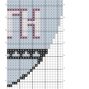 May include: A cross-stitch pattern chart with a grid of squares. The design features geometric shapes, symbols, and text. Colors include black, white, light blue, pink, and gold. The text reads "Section 6" and "Page 7 of 12".