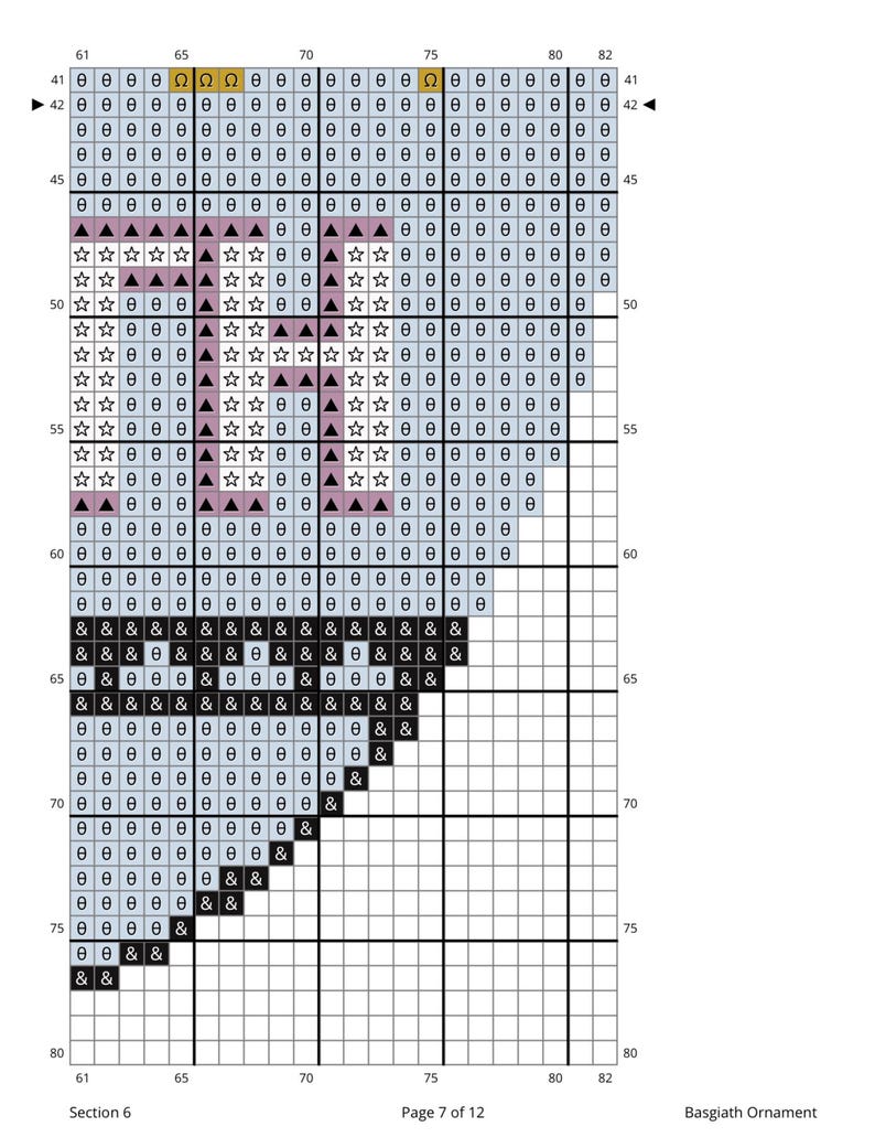 May include: A cross-stitch pattern chart with a grid of squares. The design features geometric shapes, symbols, and text. Colors include black, white, light blue, pink, and gold. The text reads "Section 6" and "Page 7 of 12".