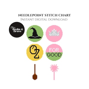 May include: A white background features a needlepoint stitch chart with the text "Needlepoint Stitch Chart Instant Digital Download." Four circular designs include a witch hat, crown, "OZ" text, and "FOR GOOD" text. A logo is in the upper left.