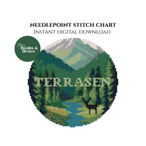 以下が含まれることがあります： 山岳風景、木々、川、鹿を描いた円形デザインのデジタルニードルポイントステッチチャート。「TERRASEN」の文字が大きく表示されています。「NEEDLEPOINT STITCH CHART INSTANT DIGITAL DOWNLOAD」の文字が上部にあります。