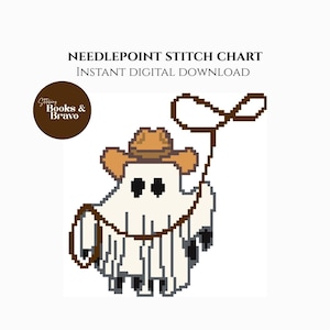 May include: A digital needlepoint stitch chart featuring a pixelated ghost wearing a cowboy hat and holding a lasso. The text "Needlepoint Stitch Chart Instant Digital Download" is at the top, with a circular logo on the left.