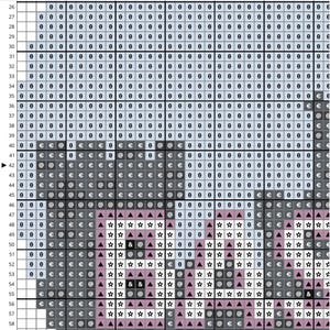 May include: Cross-stitch pattern featuring a pixelated image of a cat. The design uses various symbols and colors, including gray, black, and pink, to create the cat's form. The background is a light blue color.