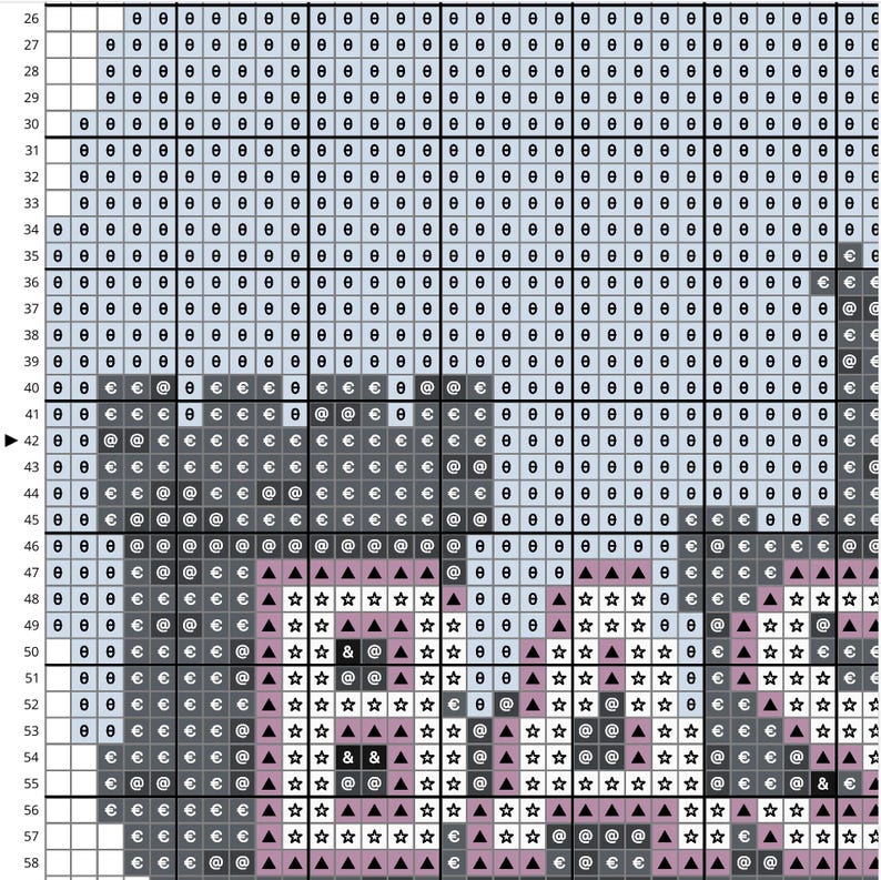 May include: Cross-stitch pattern featuring a pixelated image of a cat. The design uses various symbols and colors, including gray, black, and pink, to create the cat's form. The background is a light blue color.