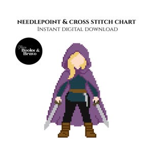 May include: Pixelated illustration of a figure in a purple hooded cloak, holding two silver daggers. The figure has blonde hair and is wearing a dark teal shirt, black pants, and brown boots. Text at the top reads "NEEDLEPOINT & CROSS STITCH CHART".
