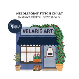 May include: A digital cross-stitch chart depicting a blue shop with the text "VELARIS ART". The shop has a dark blue awning, a window with a flower box, and a door. The words "NEEDLEPOINT STITCH CHART" and "INSTANT DIGITAL DOWNLOAD" are at the top.
