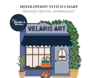 Fantasy City Art Shop Storefront - Needlepoint or Cross Stitch Pattern: Bookish Design (Instant Download)