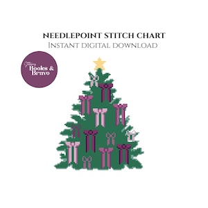May include: A digital needlepoint stitch chart featuring a Christmas tree design. The tree is green with pink and purple gift box ornaments and a gold star on top. The text reads "Needlepoint Stitch Chart" and "Instant Digital Download."