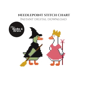 May include: Needlepoint stitch chart featuring two pixelated geese. One goose is dressed as a witch with a black hat and cloak, holding a broom. The other goose is a princess wearing a pink dress and a gold crown, holding a wand. The text reads "Instant Digital Download."