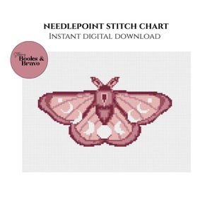 May include: A needlepoint stitch chart featuring a moth design in shades of pink and white. The moth has detailed wings with crescent moon shapes. The text "NEEDLEPOINT STITCH CHART" and "INSTANT DIGITAL DOWNLOAD" are at the top.