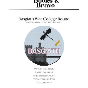 May include: A digital needlepoint stitch chart titled "Basgiath War College Round." The design features a castle, dragonflies, and the word "BASGIATH" in pink. The pattern size is 82 x 82, with a finished size of 4.5 x 4.5 inches.
