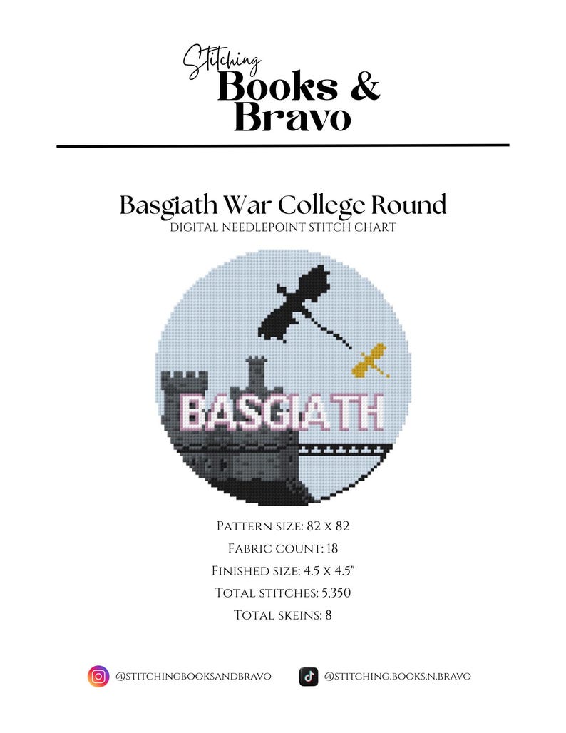 May include: A digital needlepoint stitch chart titled "Basgiath War College Round." The design features a castle, dragonflies, and the word "BASGIATH" in pink. The pattern size is 82 x 82, with a finished size of 4.5 x 4.5 inches.
