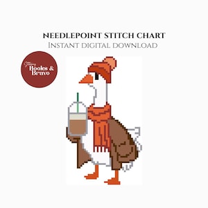 May include: A pixelated goose wearing a red hat, scarf, and brown coat, holding a coffee cup with a green straw. The image includes the text "Needlepoint Stitch Chart Instant Digital Download" and a logo.