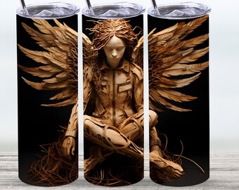 May include: Three stainless steel tumblers with a black background and a wood-carved angel with wings sitting on a bed of twigs. The angel is carved in a realistic style and has a serene expression.