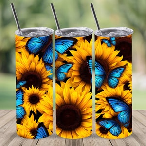 3D Butterflies With Sunflowers Tumbler Wrap,20 oz Straight Skinny Tumbler Sublimation Design,Digital Download, PNG File, Seamless Wrap