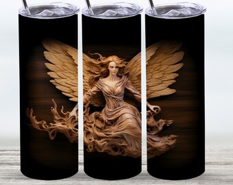 May include: Three stainless steel tumblers with a wood-grain background and a carved angel design. The angel is depicted with wings and flowing hair, and is carved in a light brown color.