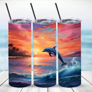 Sonnenuntergang am Strand mit Delphin Tumbler Wrap, 20 Unzen Straight Skinny Tumbler Sublimationsdesign, digitaler Download, PNG-Datei, Strand PNG