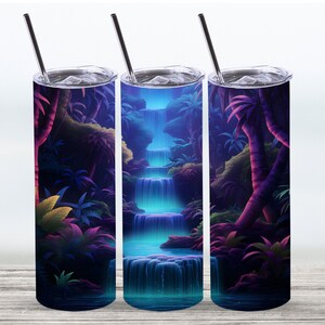May include: Three stainless steel insulated tumblers with a vibrant jungle waterfall design. The artwork features a cascading waterfall, lush foliage, and a color palette of blues, purples, and greens. Each tumbler has a silver straw.