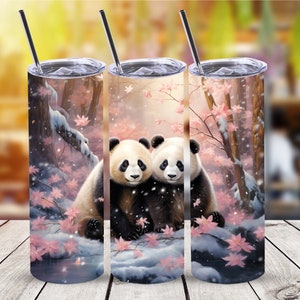 Envoltório de copo de ursos panda na neve, design de sublimação de copo reto e magro de 20 onças, download digital, arquivo PNG, envoltório de copo de pandas PNG
