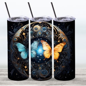Butterfly Celestial Tumbler Wrap,20 oz Straight Skinny Tumbler Sublimation Design,Digital Download, PNG File,Blue and Gold Butterflies PNG