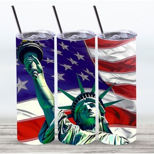 Envoltório de copo de estátua da liberdade, design de sublimação de copo reto magro de 20 onças, download digital, arquivo PNG, envoltório de copo de bandeira americana