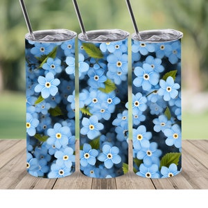 Emballage de gobelet fleurs myosotis, gobelet mince droit 20 oz design sublimation, téléchargement numérique, fichier PNG, conception de bord sans couture