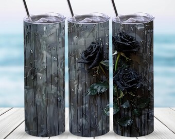 Envoltura de vaso de rosas negras, Diseño de sublimación de vaso delgado recto de 20 oz, Descarga digital, Archivo PNG, Envoltura de vaso de rosas, Rosas PNG
