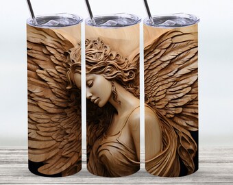 May include: Three stainless steel tumblers with a wood-carved angel design. The angel is depicted with wings and long flowing hair. The tumblers are a light brown color.
