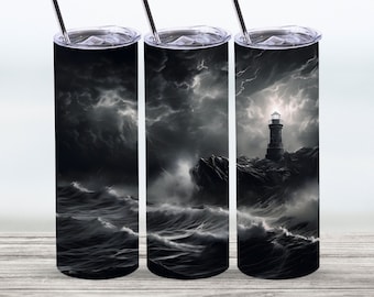 Lighthouse On a Stormy Night Tumbler Wrap,20 oz Straight Skinny Tumbler Sublimation Design,Digital Download,PNG File,Lighthouse Tumbler Wrap