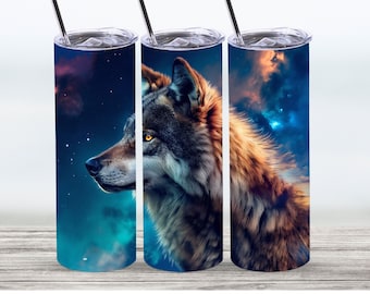 May include: Three stainless steel tumblers with a wolf design. The wolf is facing to the left and has a blue, purple, and orange background with stars.